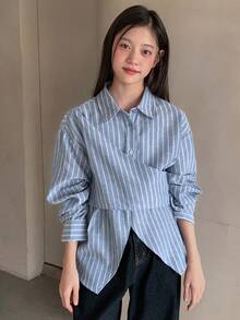 DAZY Teen Girl Striped Lapel Asymmetrical Hem Casual Versatile Daily Wear Long Sleeve Shirt - Blue - View 5