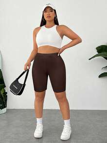 SHEIN EZwear Pantaloncini casual skinny vita alta elastica, taglia comoda, colore marrone - Castano - Visualizzare 6