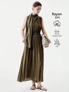 Aalyst Vestido sin mangas de mujer con cuello de bufanda, de estilo vintage, de unicolor, de tela arrugada, con cintura elástica y bajo acampanado, elegante, chic, ligero, lujoso, casual, bohemio, para vacaciones/trabajo y traslados - Verde Gris - Ver 1