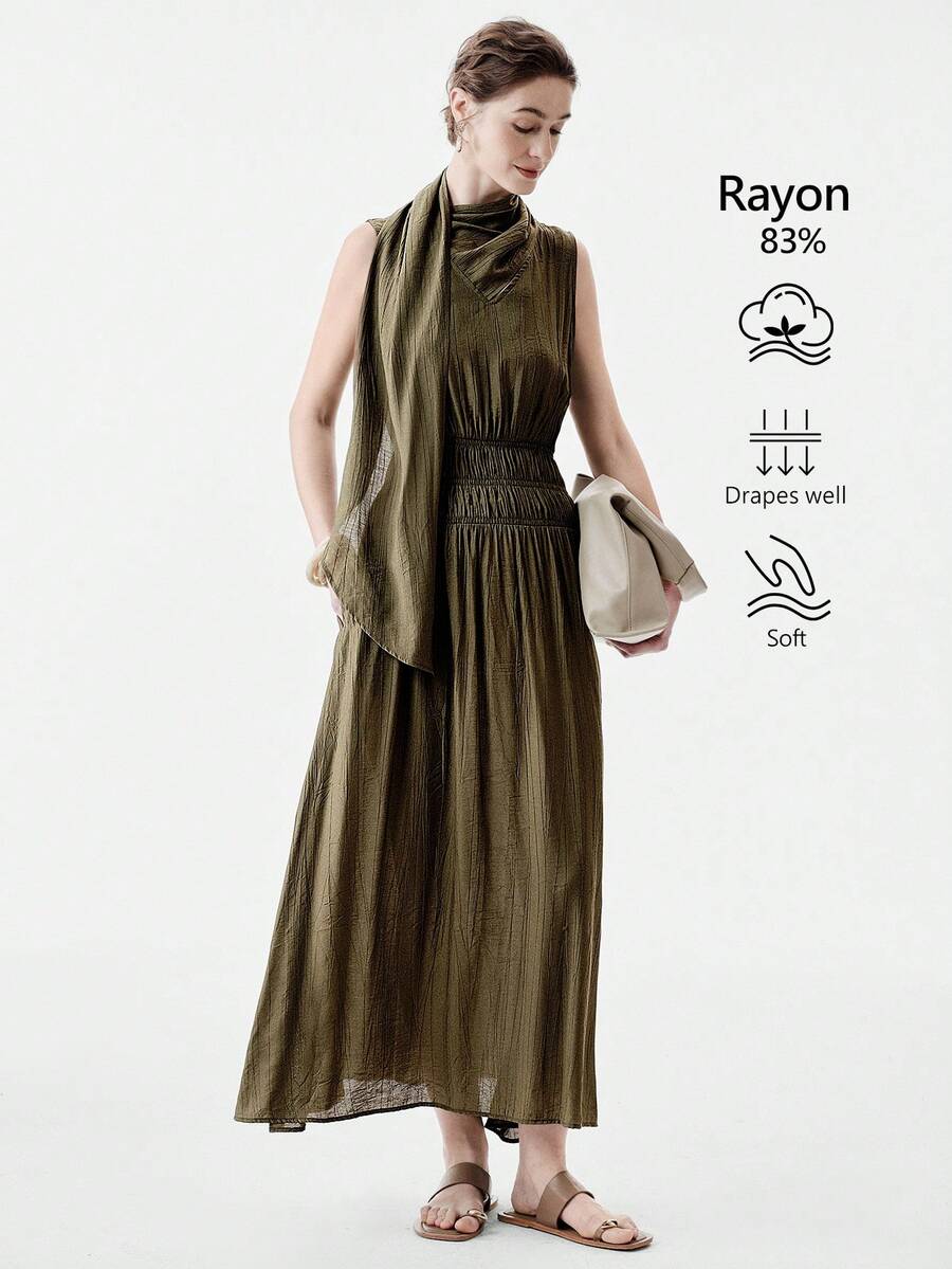 Aalyst Vestido sin mangas de mujer con cuello de bufanda, de estilo vintage, de unicolor, de tela arrugada, con cintura elástica y bajo acampanado, elegante, chic, ligero, lujoso, casual, bohemio, para vacaciones/trabajo y traslados - Verde Gris - Ver 1