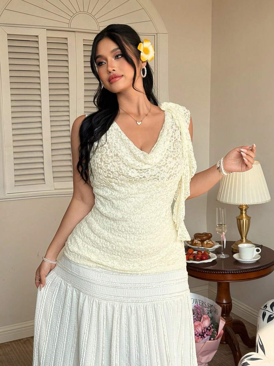 Elenzga Plus Size Women's Elegant White Summer Tea Party Draped Neck Tie Knit Sleeveless Tank Top,Fashionable Apricot Fitted Casual Wear For Vacation,Daily - Apricot - View 1