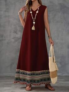 EMERY ROSE Đầm nữ họa tiết hình học, thích hợp cho mùa xuân/hè, đầm không tay phong cách bohemian, đầm dài thường ngày màu đỏ, kiểu dáng giản dị. - Nhiều màu - Xem 3