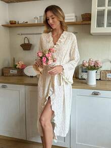 SHEIN Women's Casual Knitted Jacquard Ruffle Hem Long Robe, Lightweight Spring/Autumn Loungewear - Apricot - View 7