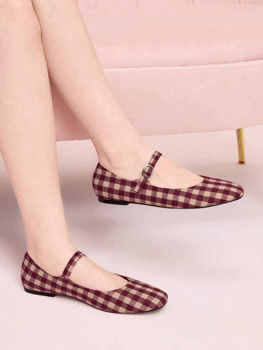CUCCOO DOLLMOD Sepatu Flat Wanita Ujung Bulat Nyaman dengan Pita Merah Muda Modis dan Elegan, Sepatu Musim Semi, Liburan Musim Semi, Paskah, Hari Valentine - Grid ganda merah dan putih - View 1