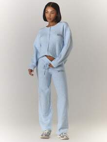 MUSERA Pantalones anchos de punto acanalado con detalles bordados, cómodos, lindos, casuales, para club de café, invierno, elegantes, para fiesta de noche - Celeste - Ver 4