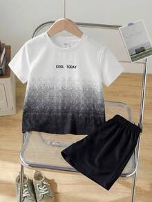 SHEIN 2pcs/Set Boys' Letter Print Ombre Short Sleeve T-Shirt And Shorts Casual Outfit,Kids - Multicolor - View 5
