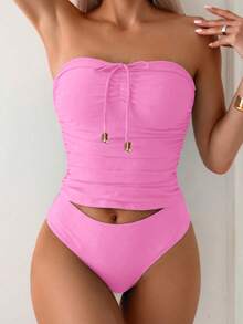 Swim Lushoire Bộ đồ bơi tankini dáng ôm, màu trơn, thanh lịch, đa năng dành cho nữ, kiểu buộc dây phía trước. - Hồng - Xem 3