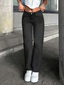 SHEIN PETITE 100%纯棉女式低腰直筒蓝色牛仔裤 - 黑色 - 查看 3