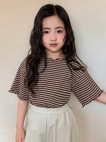 Dazy Kids Young Girl Summer Casual Everyday Commute Striped Print Loose Fit Lettuce Trim T-Shirt - Brown - View 7
