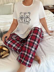 SHEIN Cute Cartoon Print T-Shirt & Plaid Pants Plus Size Pajama Set - White - View 5