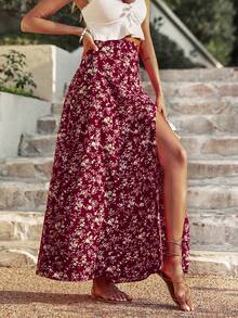 Breezaya Petite Chân váy nữ họa tiết hoa nhí xẻ cao, gợi cảm và thanh lịch. - Đỏ - Xem 6