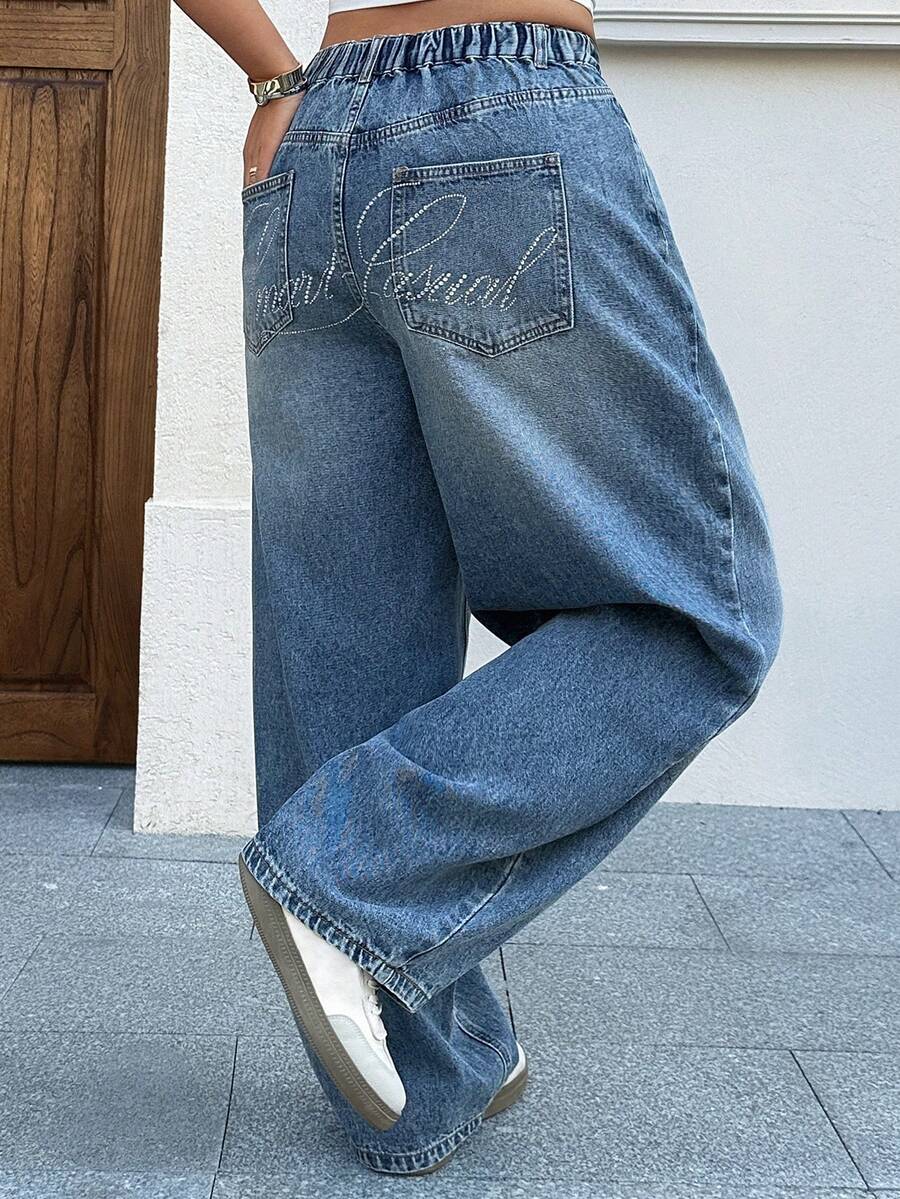 Dazy Plus Loose Straight Leg Long Jeans With Rhinestone Embellished Back Pockets, Suitable For All Seasons - Medium Wash - View 1
