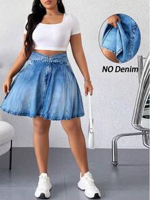 Elenzga 大码女式时尚休闲浅蓝色牛仔印花高腰显瘦防走光弹力A字短裙裤，适合运动、户外跑步和日常休闲穿着 - 藍色 - 查看 4