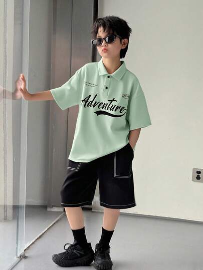 SHEIN Tween Boy Casual Comfortable Daily Collegiate Style Korean Fashion Versatile Letter Print Short Sleeve Polo Shirt, Knit Top And Pocket Shorts Set, Suitable For Spring/Summer, Daily Wear, Sports, Outings, School, Gatherings, Holidays, Photoshoots, Back To School Season
