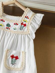 SHEIN Young Girls Floral Embroidered Square Neck Ruffle Hem Dress,Holiday,Summer, Travel - White - View 7