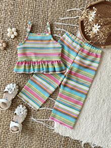 SHEIN Setelan Camisole Bordir Bunga dan Celana Polos untuk Bayi Perempuan, Pakaian Lucu untuk Jalan-jalan di Musim Panas - MultiWarna - View 3