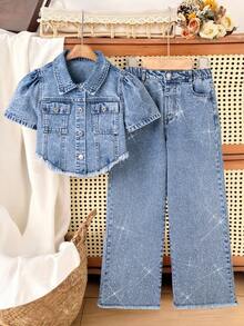 Conjunto de top y jeans de niña preadolescente con denim azul lavado y aplicaciones de rhinestones - Lavado ligero - Ver 1
