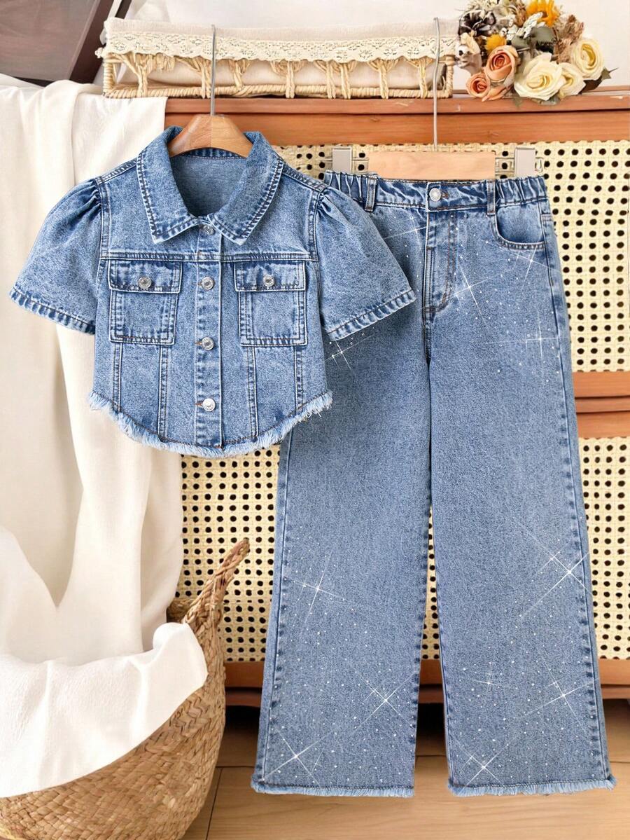 Conjunto de top y jeans de niña preadolescente con denim azul lavado y aplicaciones de rhinestones - Lavado ligero - Ver 1