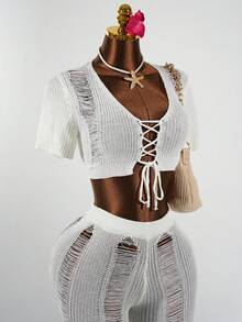 SaltGleam SaltGleam Cárdigan corto de verano para mujer con cruce y anudado delantero en unicolor - Beis - Ver 6
