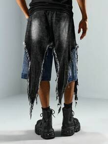 ROMWE MEN Street Life Men's Distressed Denim Shorts With Frayed Hem - Blue - View 3