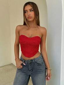 Aloruh Women's Sexy Lace Detail Black Brassiere,Red Top - Red - View 3