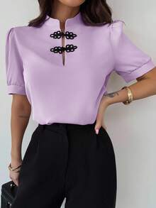 Firerie Women's Elegant Romantic Date Puff Sleeve Contrast Color Button-Up Shirt, Spring/Summer - Lilac Purple - View 8