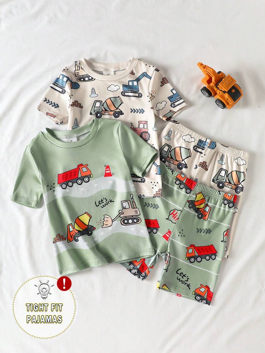 SHEIN GraphicGems 4件套男童橄榄绿杏色卡通汽车印花短袖短裤修身休闲舒适柔软弹力睡衣，夏季 - 彩色 - 查看 1