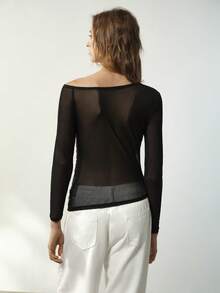 Maija Black 1pc Women's Black & Gold Semi-Sheer Beaded Embroidered Fitted Asymmetric Shoulder Top Long Sleeves  Beach Outfit Holiday Outfits Sequin - Black and Gold - View 3