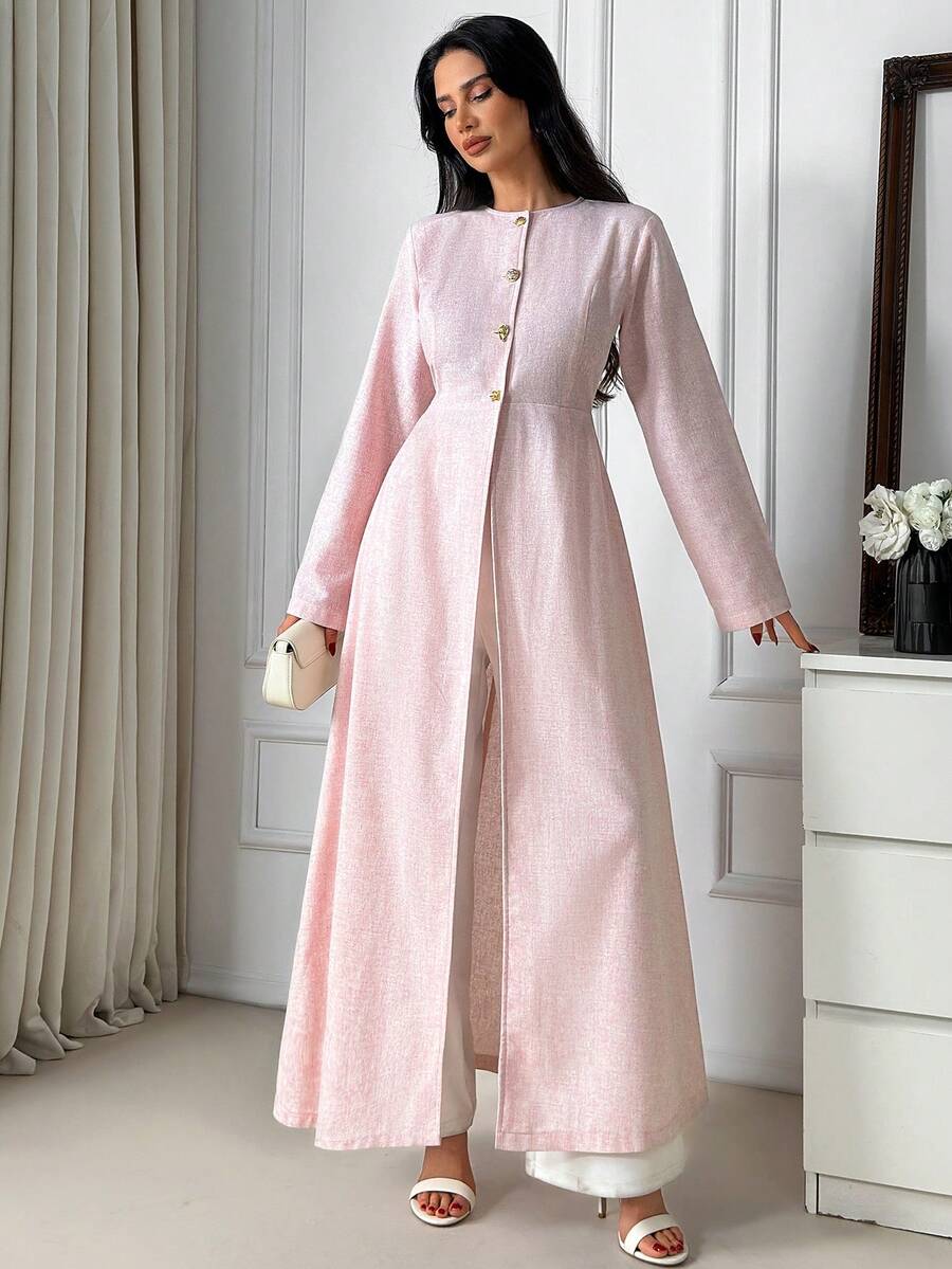 SHEIN 女士，春季，夏季，轻薄西装外套，粉色仿亚麻 - 淺粉色 - 查看 1