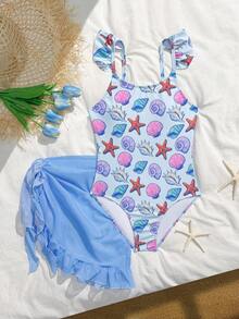 Cute & Fresh Starfish, Seashell Print Tween Girls One-Piece Swimsuit - Blue - View 4