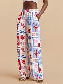 Travachic Pantalones anchos con bolsillos en diagonal con estampado de palmeras para mujer, ideales para vacaciones, primavera y verano, para usar en la playa, vacaciones de primavera - Multicolor - Ver 6