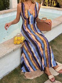 DAZY Women's Tie-Dye Print V-Neck Casual Vacation Sleeveless Dress - Purple - View 3