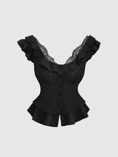 Sweetra Blouse femme à patchwork de dentelle, volants à ourlet, pois, taille basse sexy, épaules dénudées, dos nu. Convient pour le printemps, l'été, l'automne et l'hiver