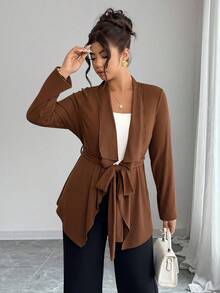 EMERY ROSE Plus Size Casual Solid Color Asymmetric Hem Jacket, Autumn - Brown - View 3