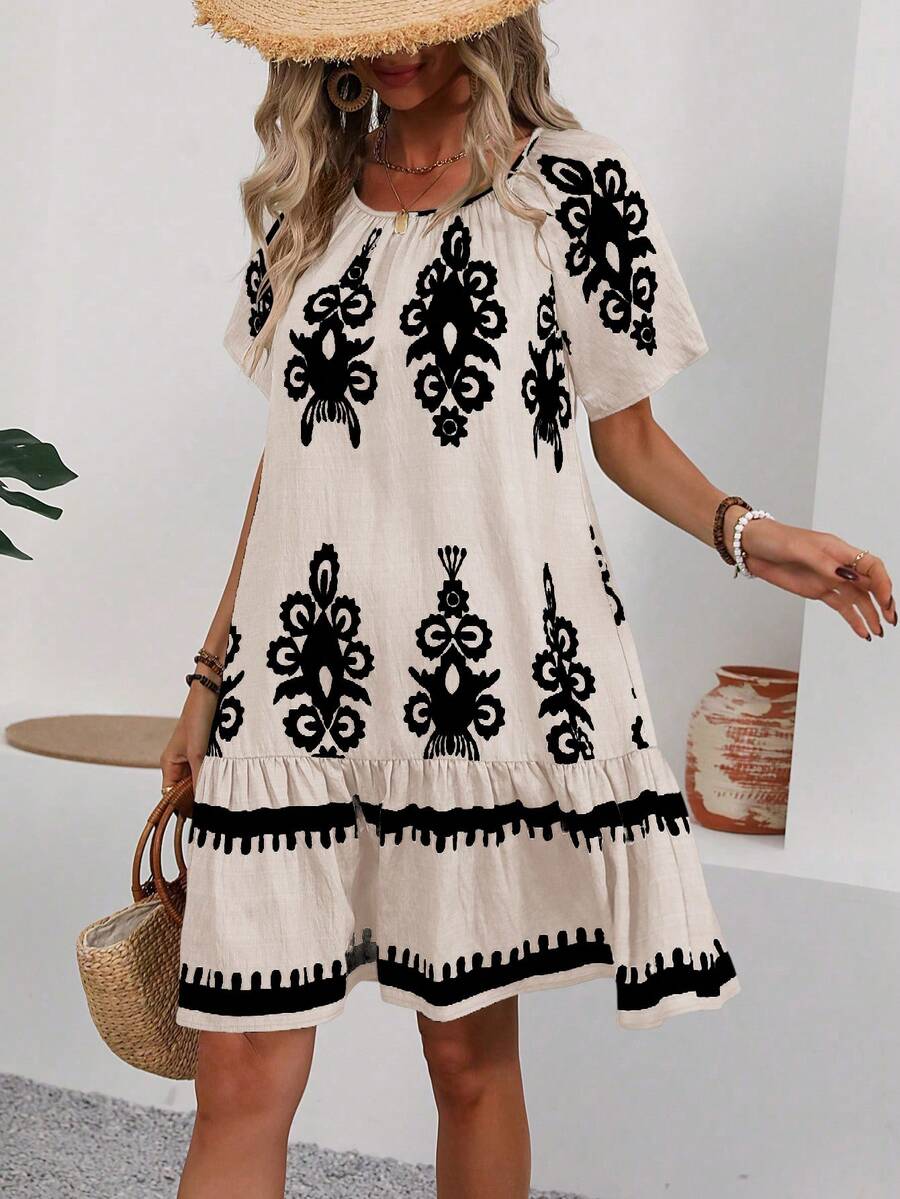 SHEIN LUNE All-Over Print Round Neck Ruffle Hem Casual Short Sleeve Dress - Black - View 1