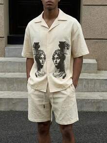 Manfinity Unisex Men's Casual Vacation Daily Commute Outing Date Versatile Sculpture Print Loose Fit Shirt And Drawstring Waist Shorts Set, Summer - White - View 4