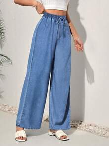 Women's Casual Everyday Cowboy Jeans With Drawstring Waist And Embroidered Accents - Medium Wash - View 3