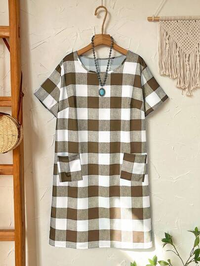 EMERY ROSE 大码女式黑白格子短袖连衣裙，早春