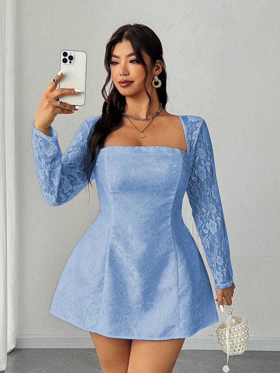 Elenzga Plus Size Solid Color Square Neck Lace Patchwork Elegant Long Sleeve Dress - Blue - View 1