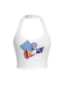 Shutterstock Y2Kool Women's White Ocean Shell Sequin Print Sexy Halter Neck Short Casual Everyday Tank Top - White - View 5