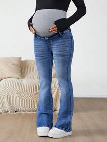 SHEIN Maternity Navy Blue Winter Casual Flare Jeans,Everyday High Waist Color Block Pregnancy Pants With Ribbed Over Belly Panel For Expectant Mothers - Medium Wash - View 7