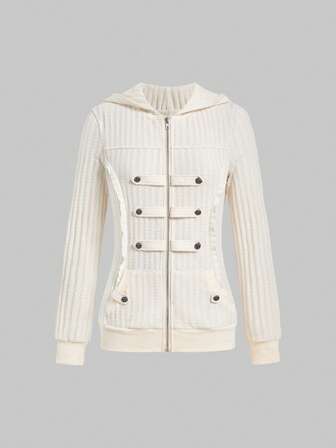 Grunge Punk Steampunk Military Sailor Double-Breasted Zipper Metal Button Ivory Knit Hoodie