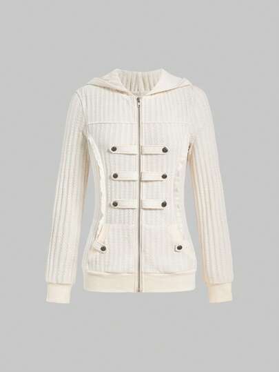 Grunge Punk Steampunk Militär Matrosen Doppelreiher Reißverschluss Metallknopf Elfenbein Strick Kapuzenpullover