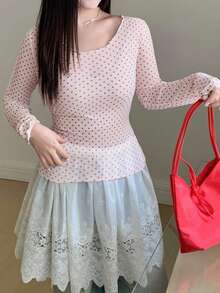 DAZY 女士波点薄纱长袖圆领打底衫，春夏款 - 淺粉色 - 查看 6