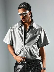 ROMWE MEN Street Life 男士PU亮银色拉链口袋休闲短袖衬衫 - 銀色 - 查看 6