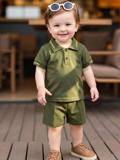 Conjunto de camiseta tipo polo y pantalones cortos de verano en color verde minimalista para niñas, adecuado para salidas, uso casual y fiestas