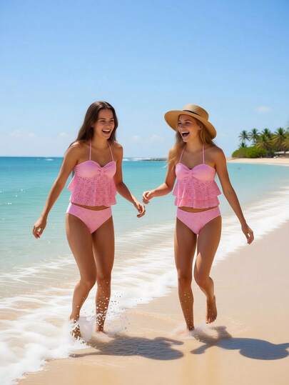 SHEIN Teen Girls Tankinis Teenage (Girls) Bikini With A Halter Top, Cartoon Multi-Color Pink Jacquard Cutout Halter Top, Knitted Fabric Top, Halter Top, Lace Hem, Two-Piece Set, Two-Piece Top + Triangle Pants, Fashionable, Casual, Exquisite, Elegant And Ladylike, Suitable For Swimming, Suitable For Summer Vacation, Summer Beach, Seaside, Swimming Pool, Summer Party, Leisure Vacation Modest Swimsuit Girls Beach Outfit Girls Teen Girl Matching Bathing Suits