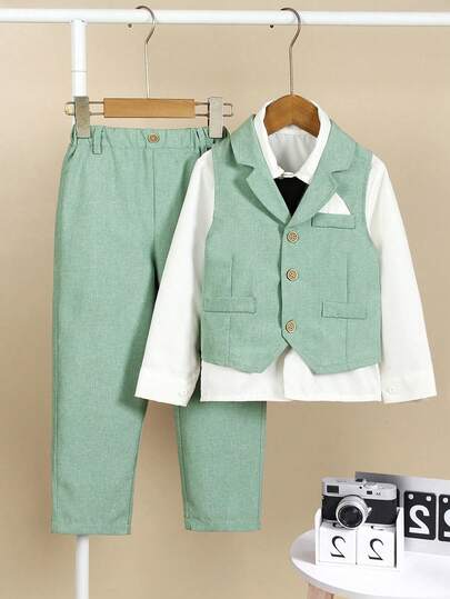 SHEIN Conjunto de chaleco y pantalones largos de unicolor de alta gama para niños pequeños, elegante y de moda para fiesta de cumpleaños, fiesta de noche, boda, , aniversario, Halloween, Navidad, Acción de Gracias, vestimenta formal, atuendo para actuaciones, primavera/verano/otoño