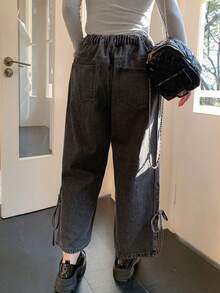 Dazy Plus Quần jeans nữ cỡ lớn thời trang, kiểu dáng vintage, xẻ tà, ôm sát mắt cá chân, phối nhiều mảng màu và nơ, thích hợp mặc cả bốn mùa. - Màu xám đen - Xem 5