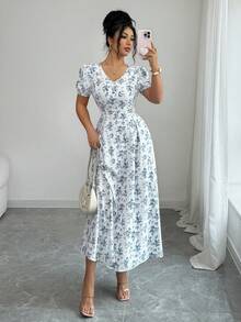 Elenzga 优雅V领泡泡袖收腰蓝色碎花连衣裙，适合春夏穿着 - 藍白色 - 查看 5